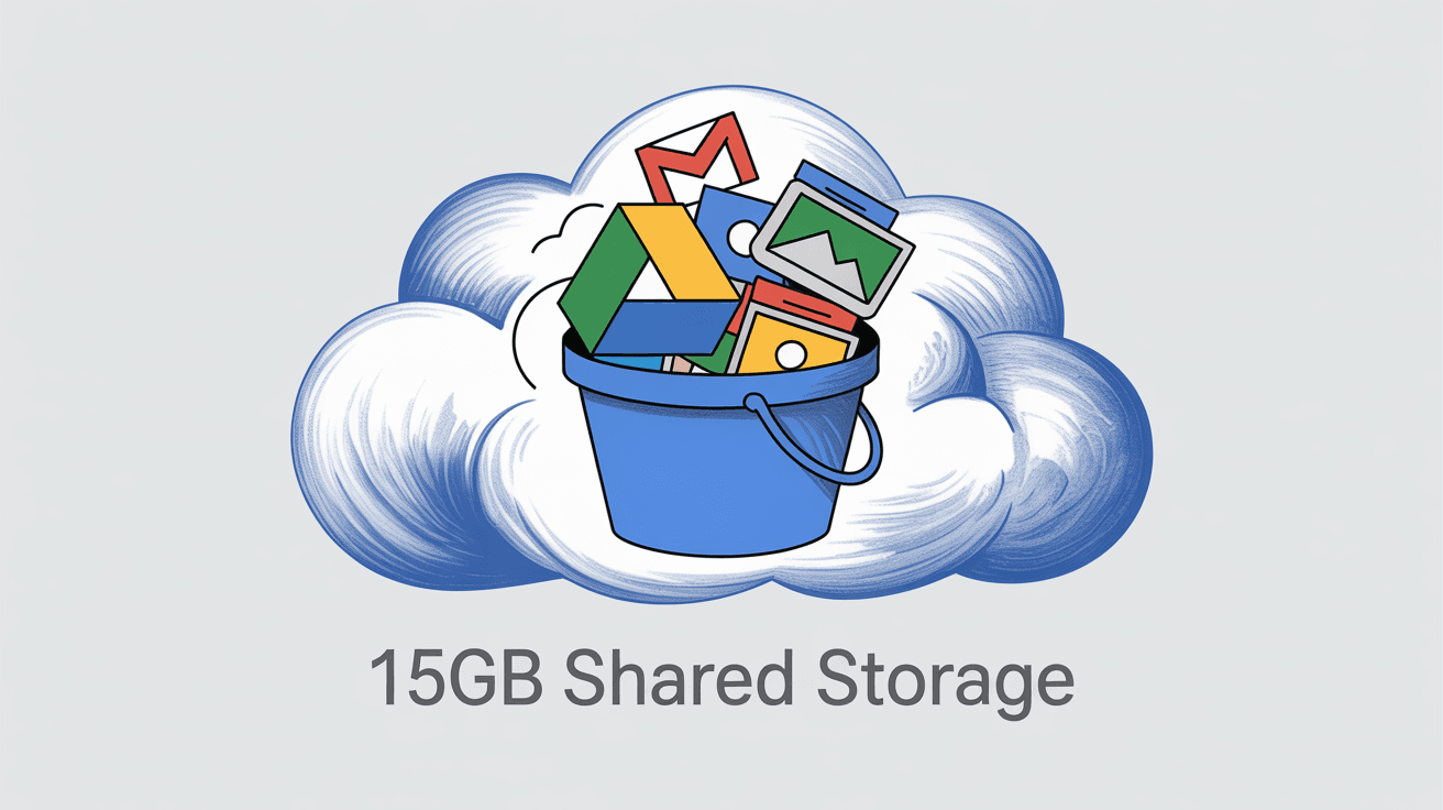 Visual diagram showing Google's 15GB storage shared between Gmail, Drive, and Photos services